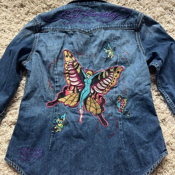 Ed Hardy Shirt Mens L Denim Western Pearl Snap Rhinestone by Christian Audigier - Picture 2 of 15